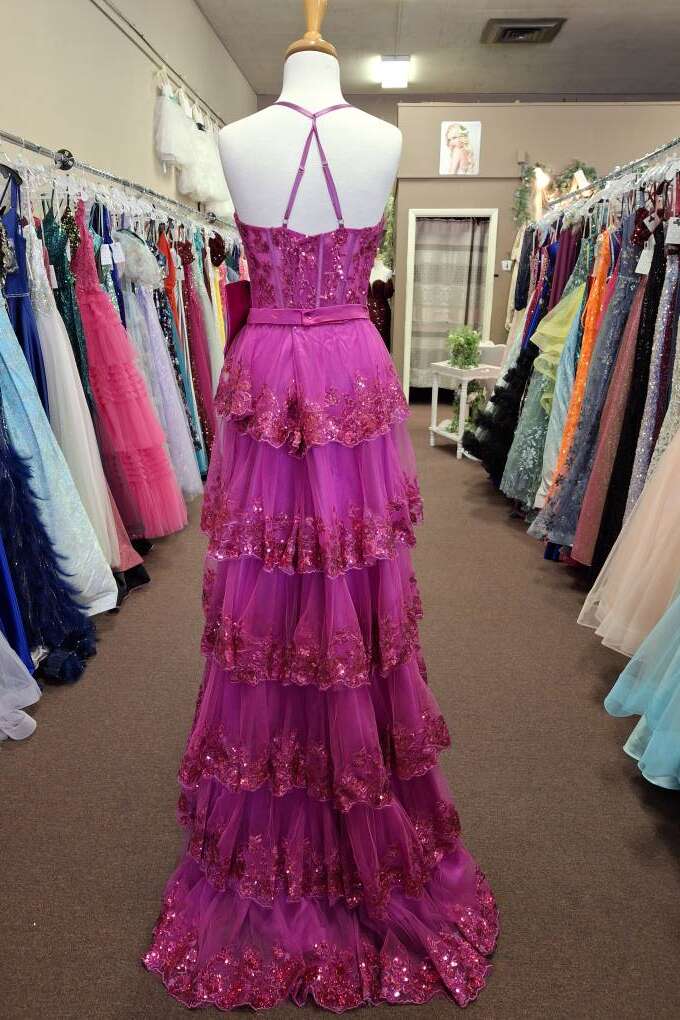 Robe Weitese à bretelles spaghetti fuchsia, robe de soirée trapèze à volants, longue robe de bal